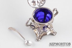 Горчичница с кобальтовым стеклом. Серебро 950 пробы. Франция, кон. XIX в.