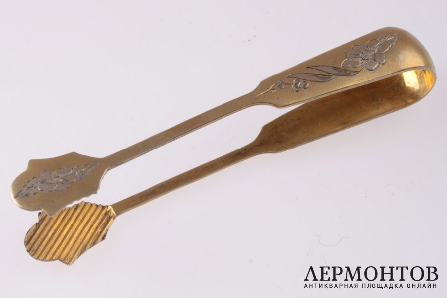 Сахарница с щипцами с узором. Серебро 875 пробы. СССР