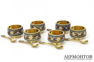 Набор из 6 солонок. Серебро, эмаль. Россия, Любавин, 1899-1917