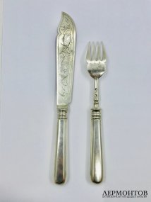Набор для рыбы (эгоист). Серебро 84 пробы, П. Овчинников, Россия, 1891 год