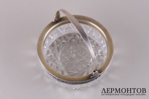 Конфетница с ручкой. Серебро 875 пробы, хрусталь. СССР, 1955 год.