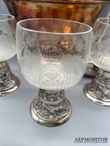 Крюшонница «Охота на кабана» с половником и 5 бокалами. Металл, WMF, ок. 1900