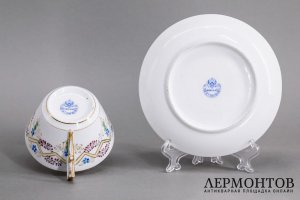 Чайная пара, русский стиль. Фарфор, роспись. Россия, Кузнецов, 1870-80е гг.