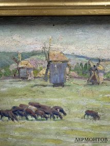 Картина «На пастбище». Оргалит, масло, Б. Е. Владимирский, Россия, начало 20 века