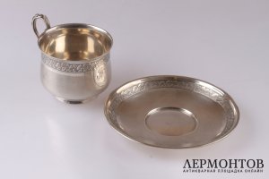 Чайная пара Hector Alfred. Серебро 950 пробы, гильоше. Конец XIX в. Франция