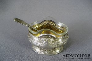 Солонка. Серебро 950 пробы, стекло. Франция. XIX век.