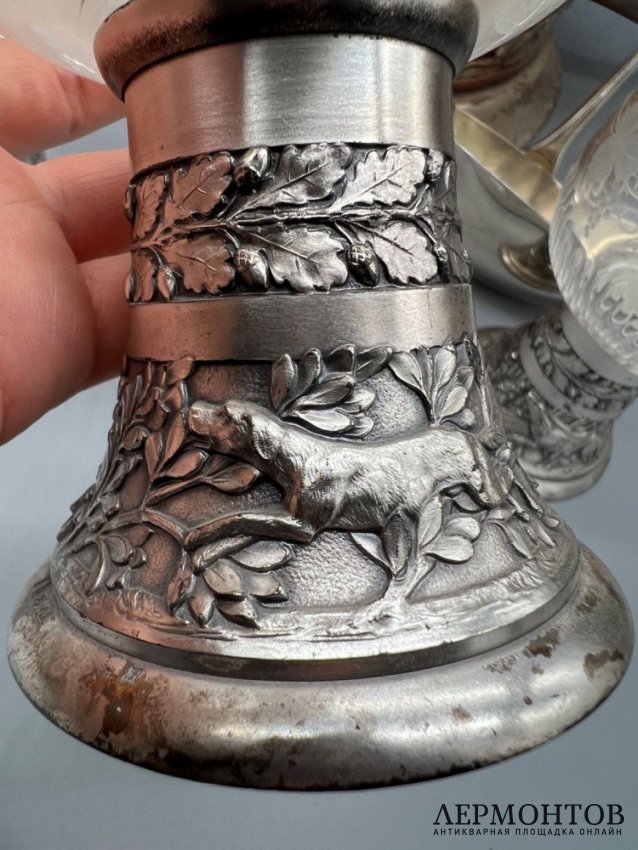 Крюшонница «Охота на кабана» с половником и 5 бокалами. Металл, WMF, ок. 1900