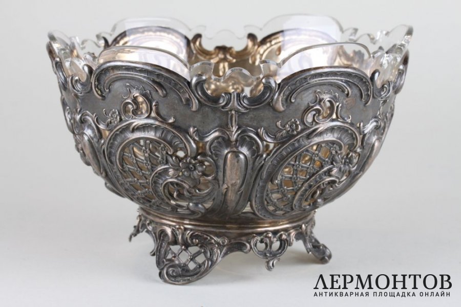 Ваза круглая ажурная. Серебро 800, стекло. Германия, Posen, кон. XIX в.