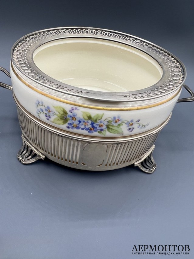Фондюшница с цветочным декором. Фарфор, серебро 925 пробы, Lenox и J. E. Caldwell, США, 1-я половина 20 века