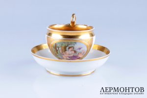Чайная пара с мифологической сценой. Россия, СПБ, завод Батениных, 1812-1832г. Фарфор, роспись, золото.