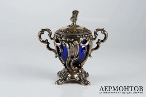 Горчичница. Серебро 950, кобальтовое стекло. Франция, XIX век.