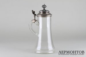 Кружка с серебряной крышкой. Серебро 800 пробы, стекло. Германия, XIX  в.