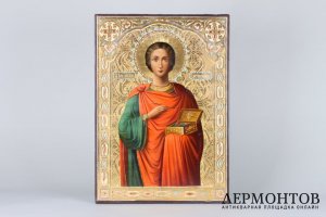 Икона Святой Пантелеймон. Целитель. Россия, кон. 19 в. Дерево, чеканка по золоту.