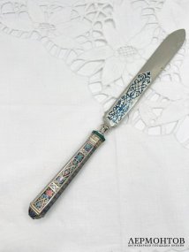 Нож для бумаг. Серебро 91 пробы, выемчатая эмаль, малахит, Россия, конец 19 века