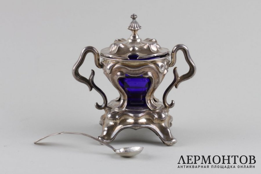 Горчичница с кобальтовым стеклом. Серебро 950 пробы. Франция, кон. XIX в.