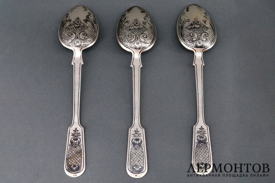 3 столовых ложки. Серебро 875 пробы. СССР, Северная чернь, 1930е гг.