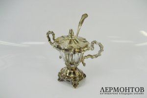 Емкость для горчицы. Серебро 950 пробы, стекло. Франция, XIX век.