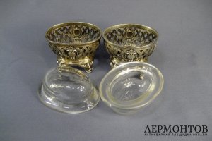 Солонка. Серебро 950 пробы, стекло. Франция. XIX век.