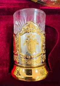 Чайный набор: поднос, 6 подстаканников со стаканами и 6 ложек. Латунь, хрусталь, Златоуст, Россия, современная работа