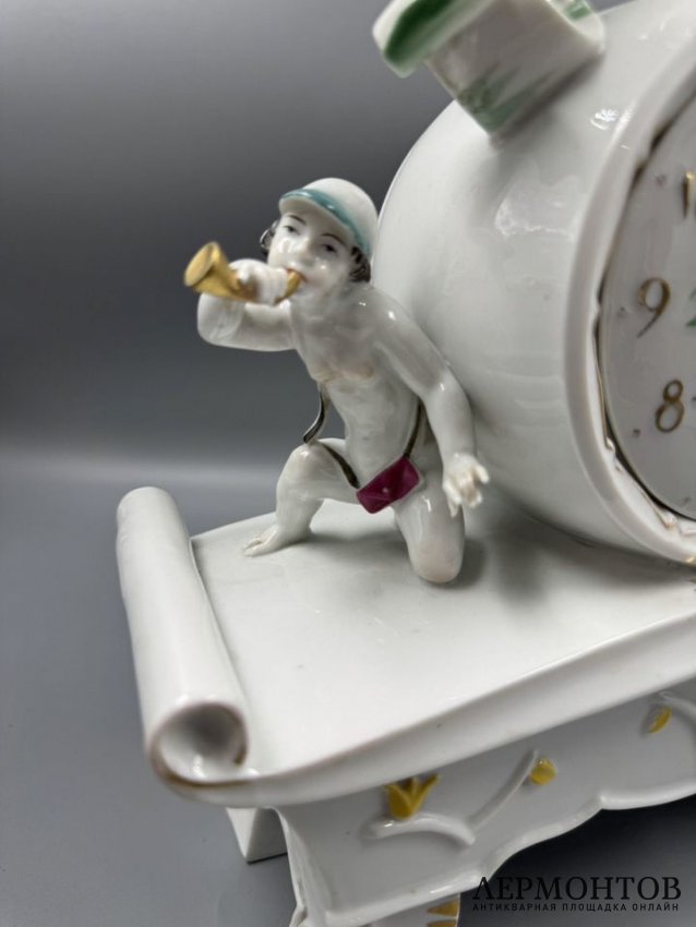 Каминные часы с девушкой и путти. Фарфор, роспись, Rosenthal, Германия, начало 20 века