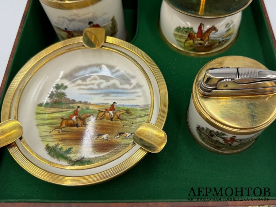 Набор для курения Охота. Англия, 1950-е гг. Фарфор, серебро 925 пр, золото 585 пр.