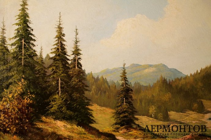 Картина. Альпийский пейзаж. Неизвестный художник. Холст, масло. Европа