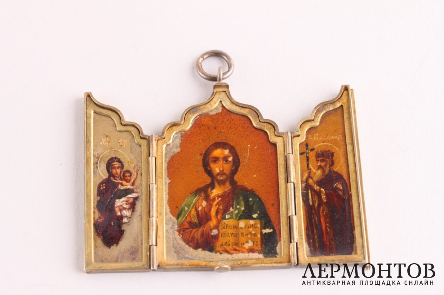 Складень. Господь Вседержитель. Богородица. Св. Владимир. Серебро 84. Россия, до 1917