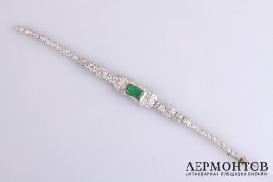 Браслет с изумрудом и бриллиантами в стиле ар деко. Платина. Европа