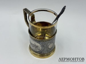 Подстаканник с ложкой Русские тройки. Россия, 19 век. Серебро 84 пробы, чернь.