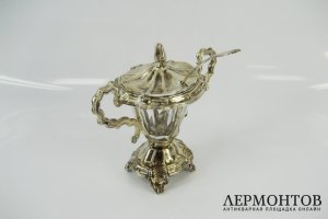 Емкость для горчицы. Серебро 950 пробы, стекло. Франция, XIX век.