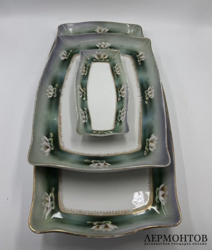 Блюда Кувшинка в ст. Модерн 3 шт. Россия, М. Кузнецов, 1900-е гг. Фарфор, роспись.