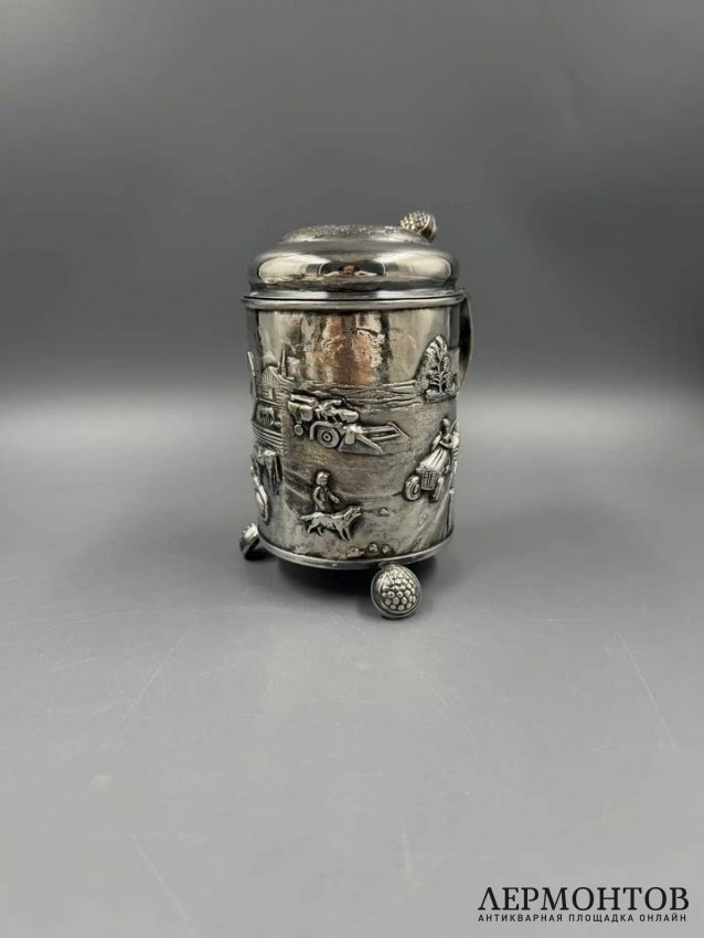 Пивная кружка с сельскими сценами. Металл, серебрение, Hejl & Co., Дания, 1970–1980