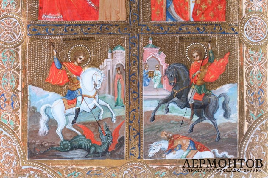 Икона Четырехчастная Казанская БМ, Ник. Чудотворец, Георгий Победоносец, Д. Солунский