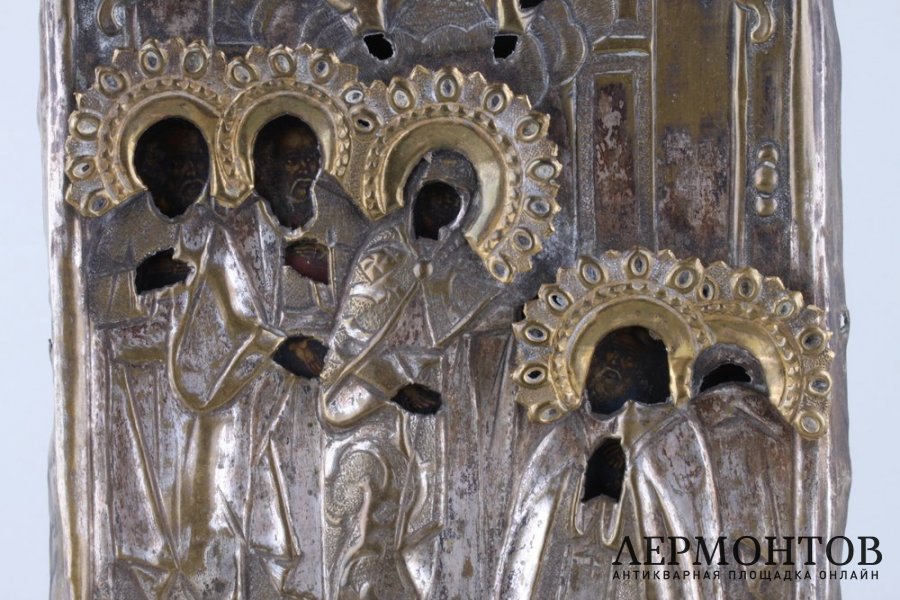Икона в окладе Явление Богоматери преп. Сергию Радонежскому. 1810-30е гг.