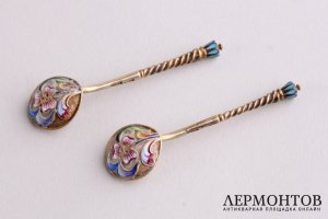 Парные ковши с ложками. Мария Семенова. Серебро 84 пробы, эмаль. Россия, до 1908 г.