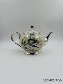 Чайник «Колибри в райском саду» в технике silver overlay. Фарфор, серебро, Германия, 1-я половина 20 века