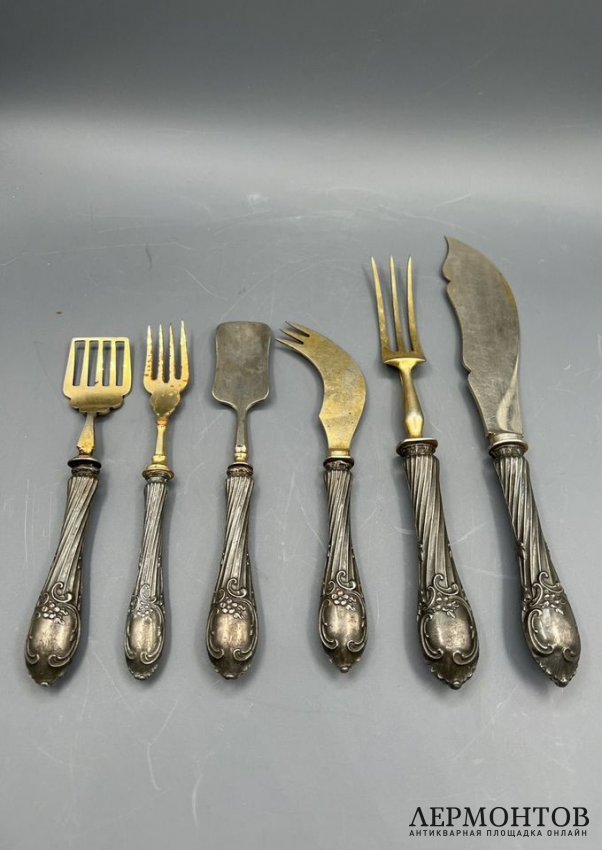 Сервировочный набор из 6 предметов. Серебро 84 пробы, сталь, Россия, 1908–1917 годы