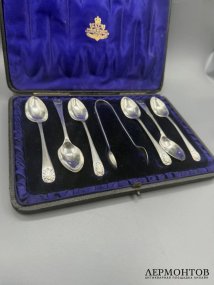 Набор чайных ложек на 6 персон со щипцами. Серебро 925, Jay's, Англия, нач. 20 в.