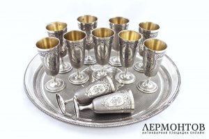 Набор рюмок на подносе. Серебро 950 пробы. Франция, кон. XIX в.