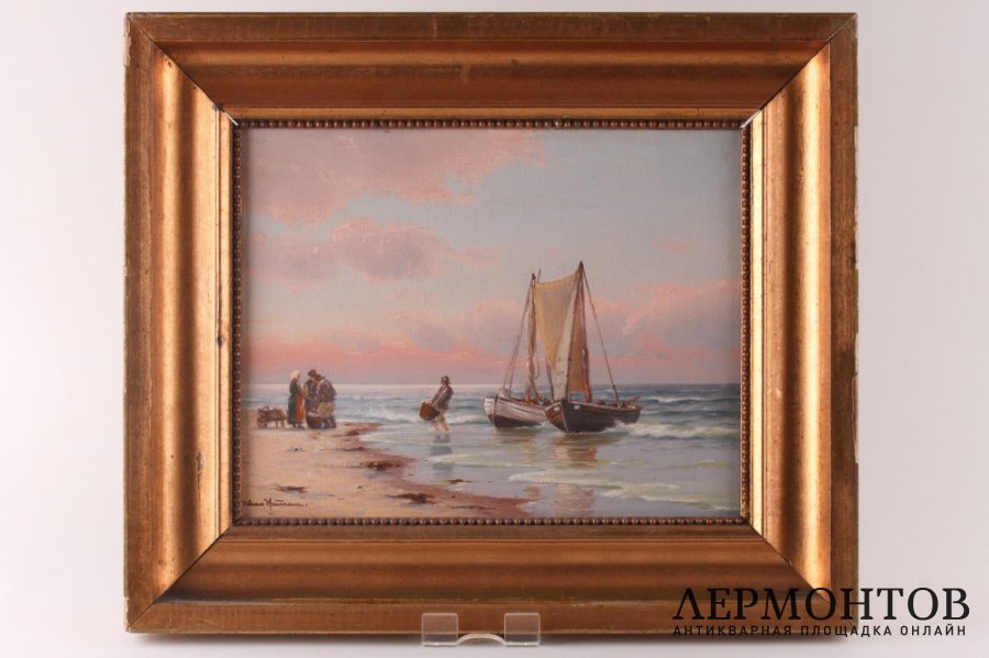 Картина. Рыбаки с уловом. Худ. Йонан Йенс Нойманн. Холст, масло. Дания, 1899 год.