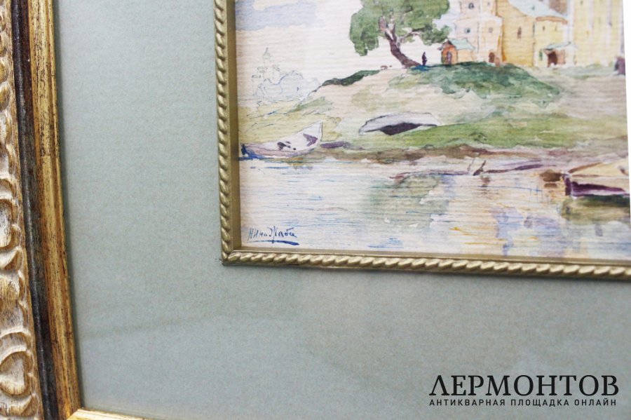 Акварель Новгород. СССР, художник Н.К. Жаба, 1910-е гг.  Картон, акварель.
