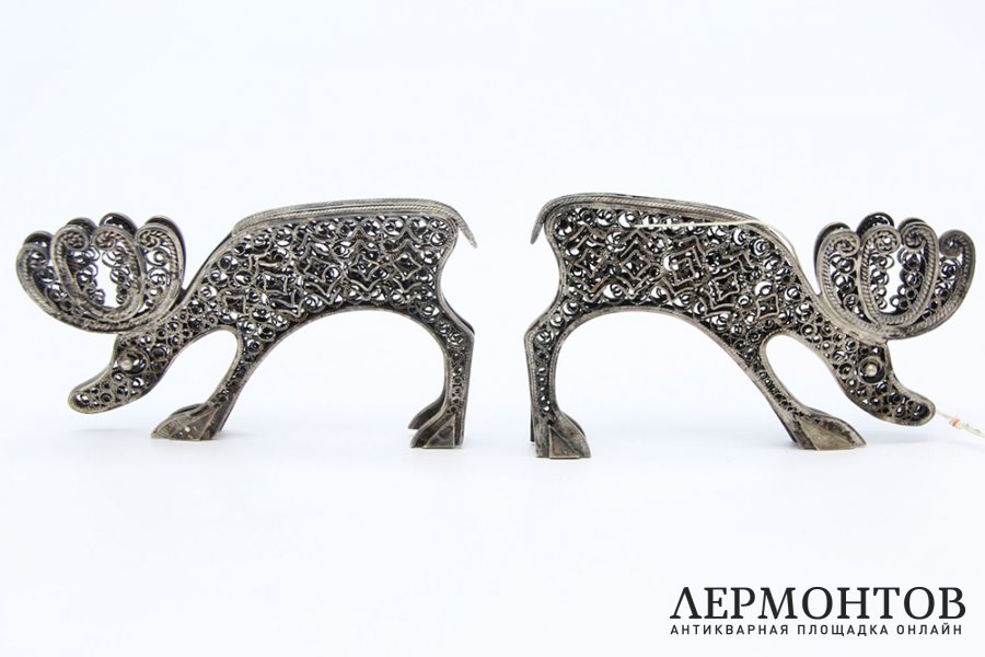 Фигурки Лоси. Серебро, скань. Россия, Красносельский ювелирный завод, 1990е гг.