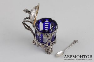 Горчичница с кобальтовым стеклом. Серебро 950 пробы. Франция, конец XIX в.