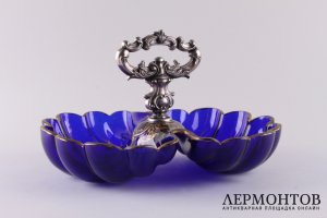 Менажница. Кобальтовое стекло, роспись, серебро. Европа, 2-я половина XIX века.