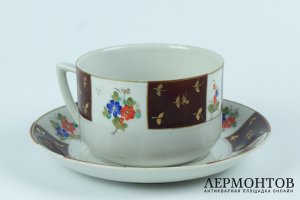 Большая чайная пара ВСХВ. Полонский фарфоровый завод, Украина. 1953 - 1957 гг. Фарфор, роспись.