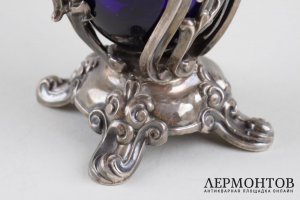 Горчичница с кобальтовым стеклом. Серебро 950 пробы. Франция, XIX век.