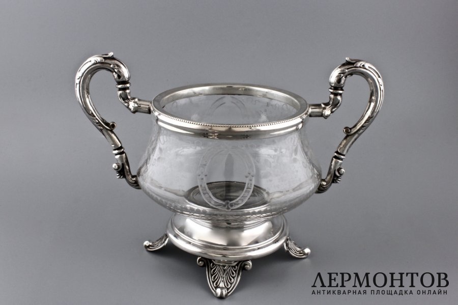 Сахарница в оправе. Серебро 950 пробы, стекло. Франция, XIX в.