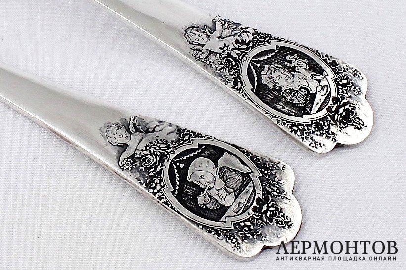 Детский сервировочный набор в футляре. Серебро 950. Франция