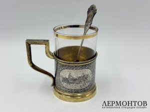 Подстаканник с ложкой Русские тройки. Россия, 19 век. Серебро 84 пробы, чернь.