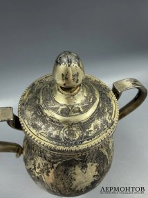 Сахарница в неорусском стиле. Серебро 84 пробы, чернь, Россия, 1878 год